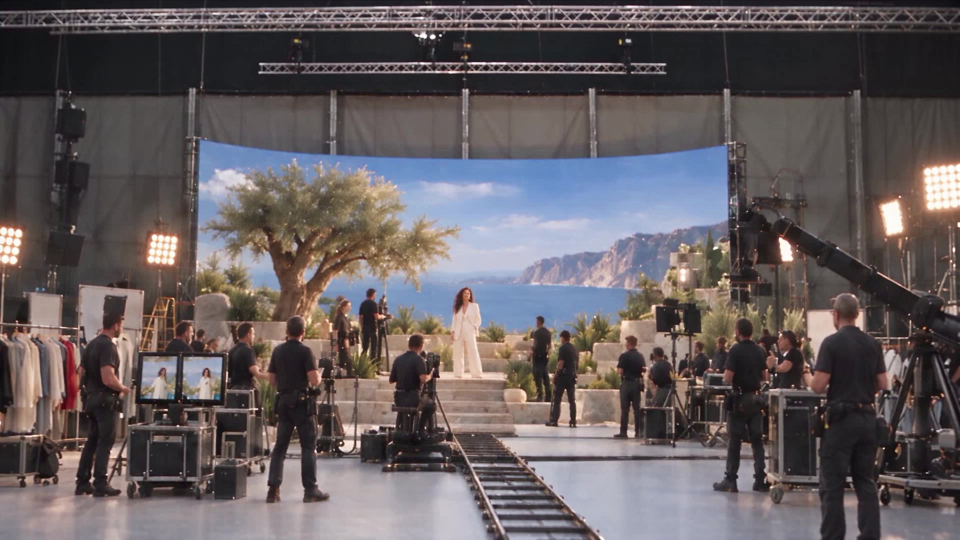 A licensed model on a lit set, crew around her, the source frame of the campaign