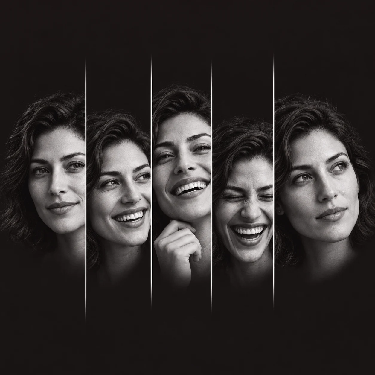 Five monochrome portrait slices showing the same woman with distinct expressions
