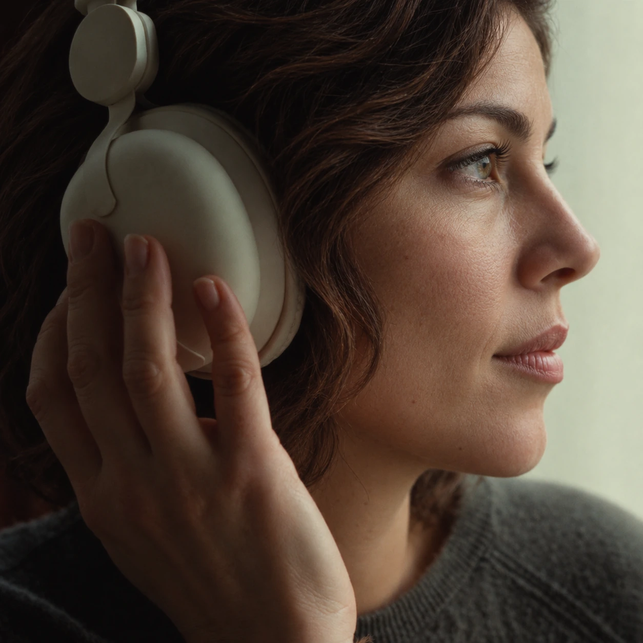 The same woman listening through headphones in warm window light