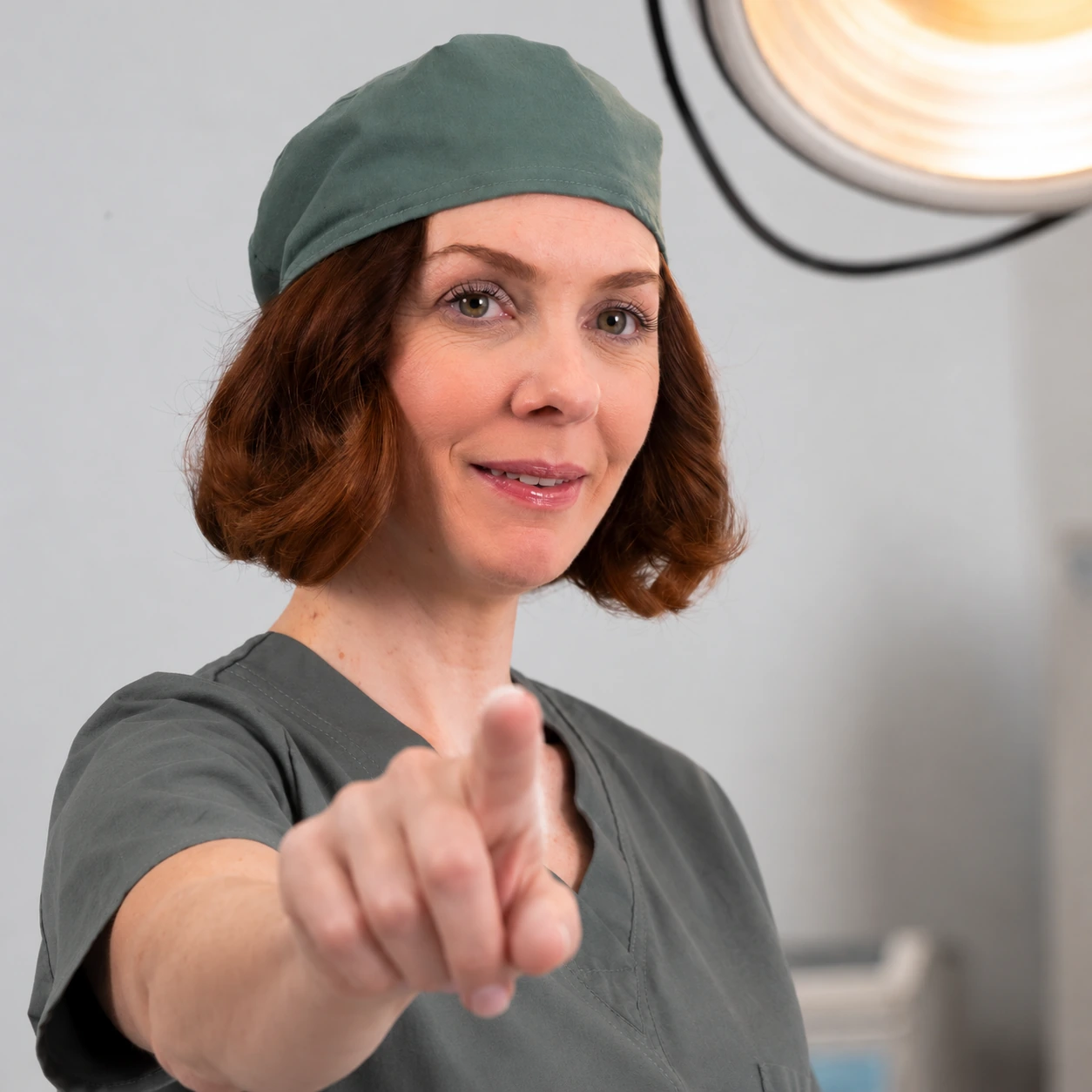 The selected doctor in sage scrubs pointing toward the viewer on a tablet screen