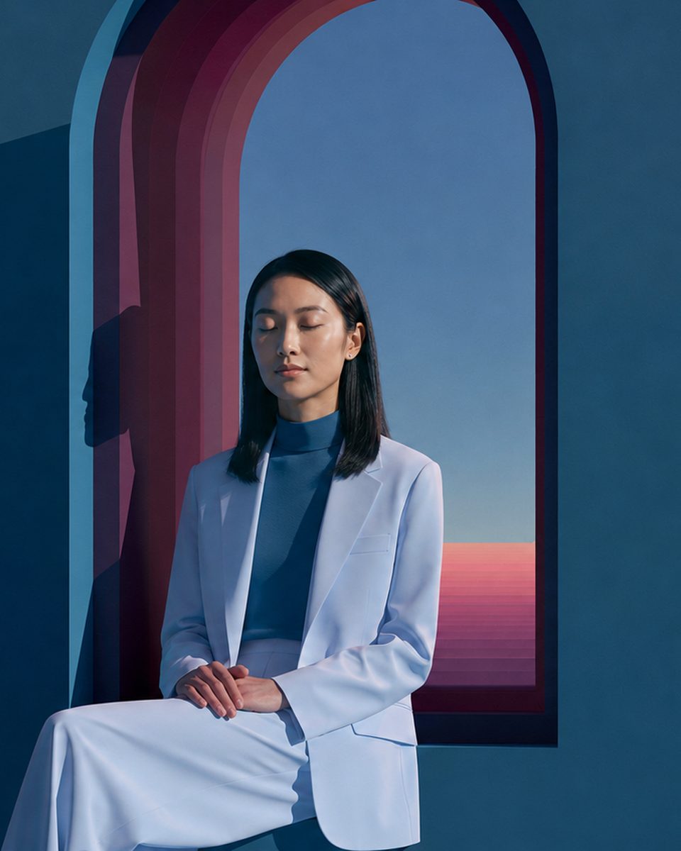 Pale suit, seated in a deep-blue archway at dusk