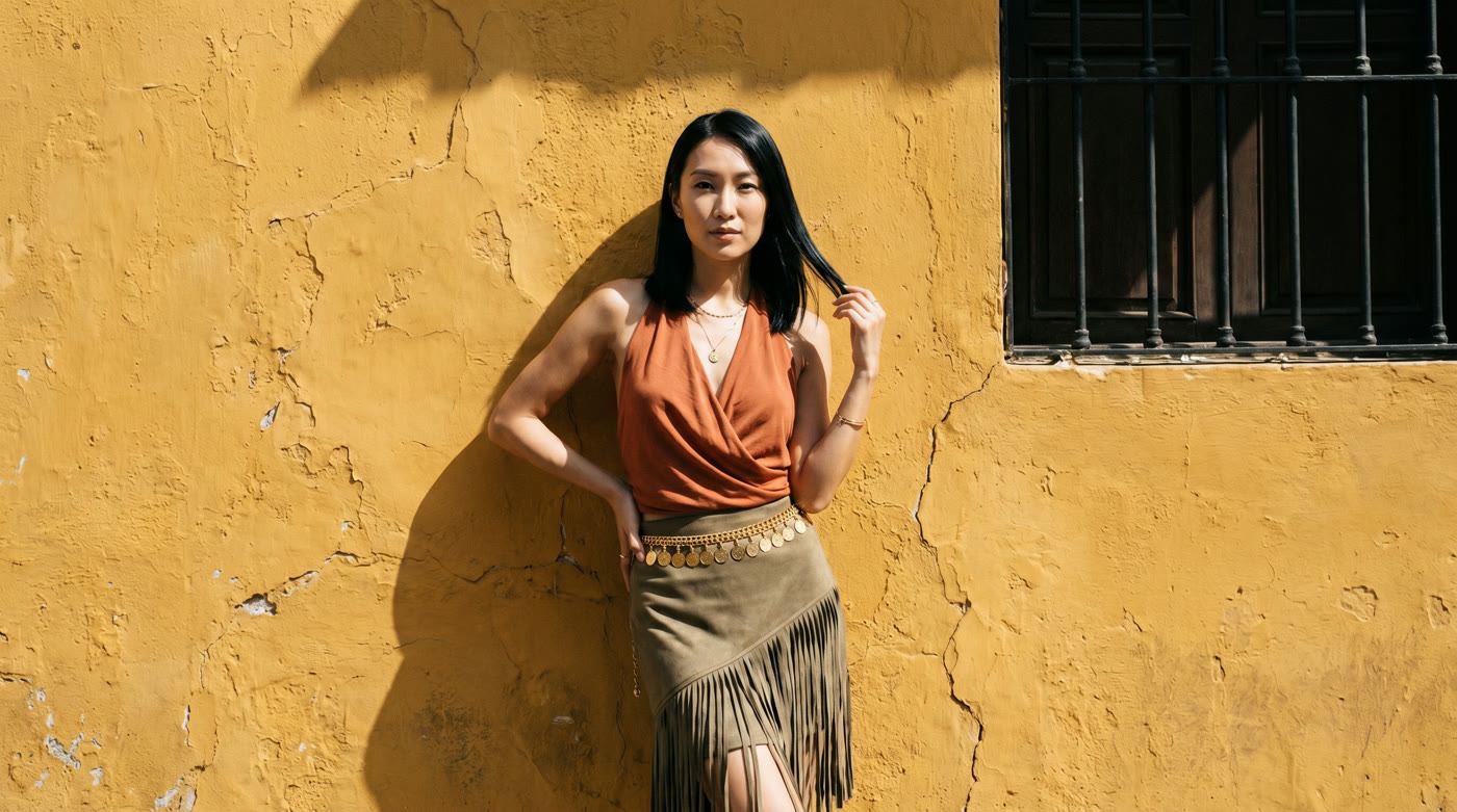 Editorial portrait against an ochre wall in hard sun