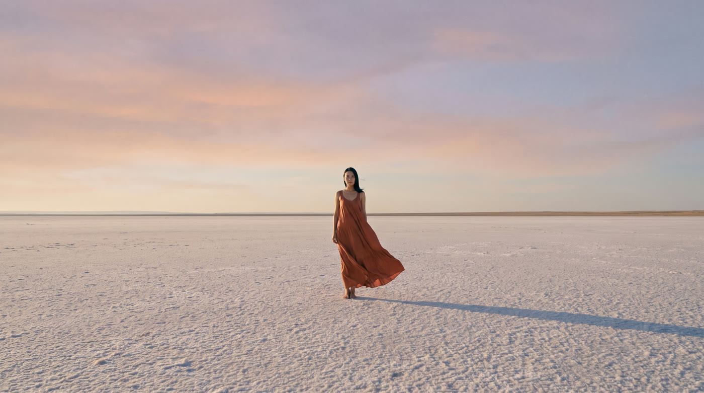 A lone figure in a vast pastel salt flat