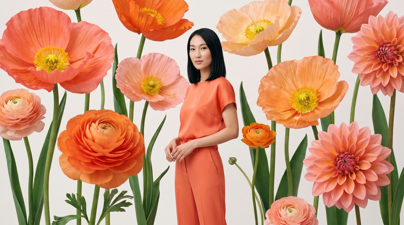 Portrait among oversized orange poppies