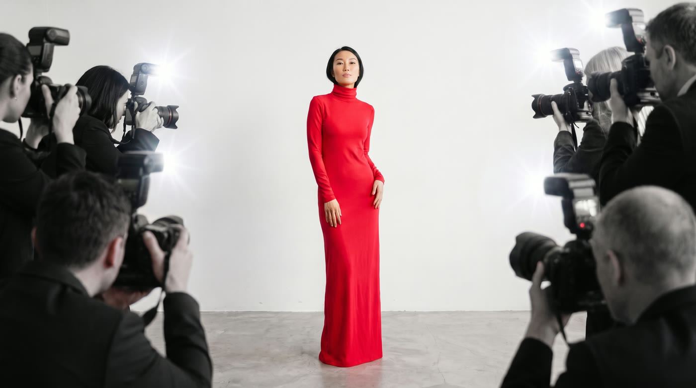 Red floor-length dress in a white studio, photographer in foreground