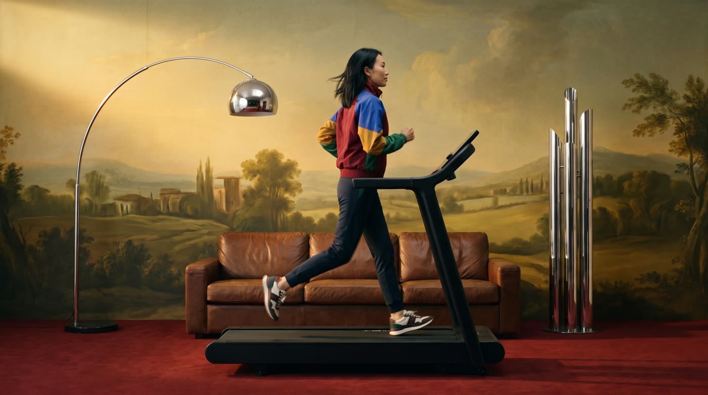 A figure running on a treadmill before a painted landscape mural