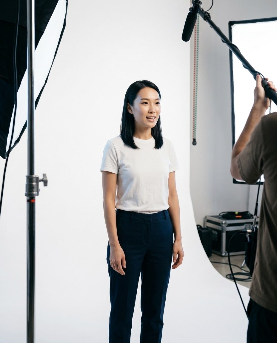 Capture day on a white cyclorama, a boom and softbox in frame
