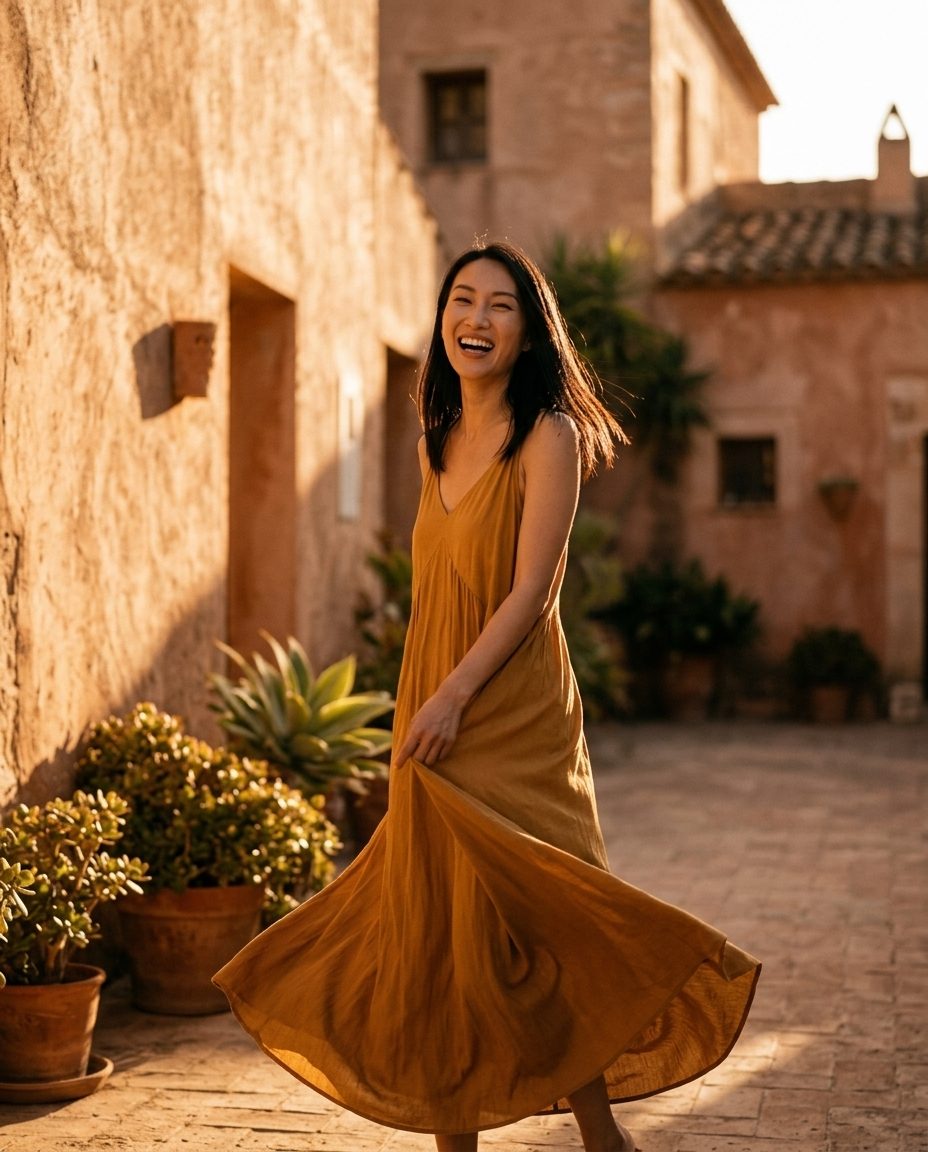 Golden-hour walk through a terracotta courtyard