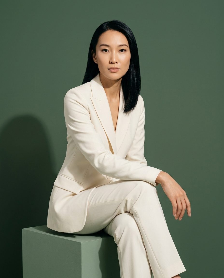 Ivory suit against a deep sage backdrop