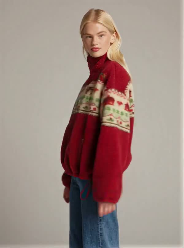 A model turns to show the pattern and fit of a red knit jacket